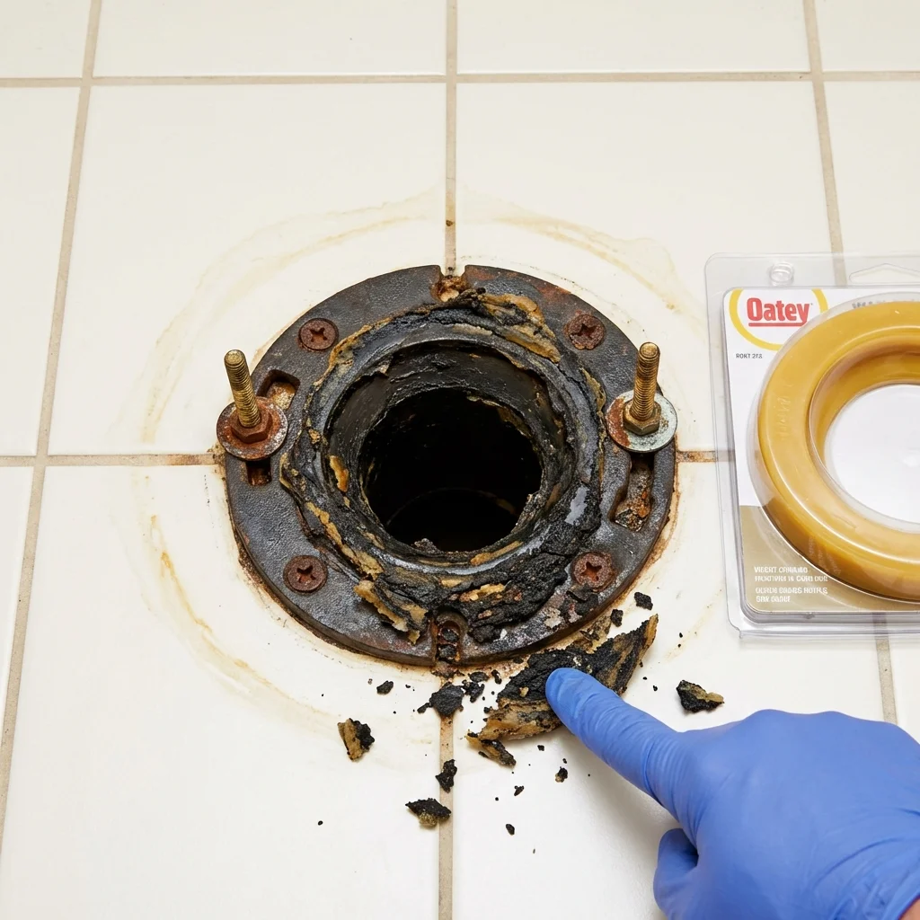 Failed wax ring showing water seepage at the base of a toilet in a Fremont, NE home