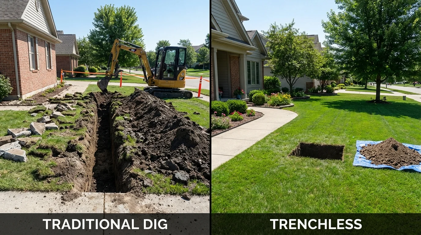 Trenchless sewer repair with minimal yard damage versus traditional excavation in Fremont, NE