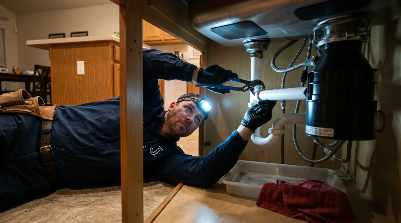 P-trap and supply line connections under a kitchen sink showing a common leak point in Fremont, NE
